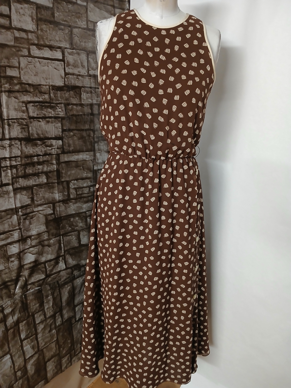 Sleeveless Brown Midi Dress with Cream Dot Print